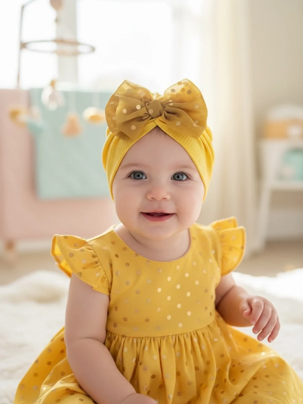 Mustard Yellow Ribbed Baby Turban Hat with Polka Dot Chiffon Bow Toddler Girl